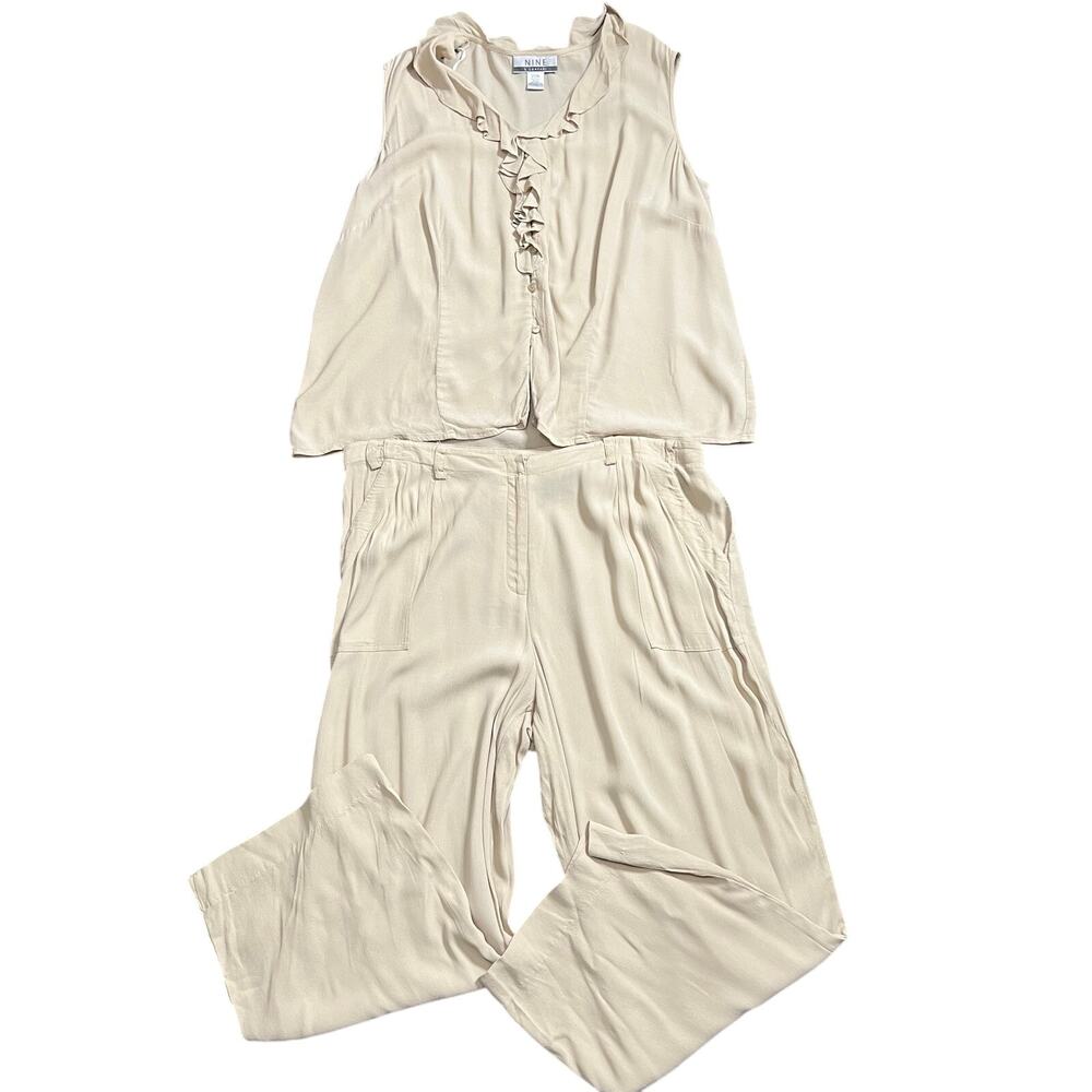 Nine & Company 2 Piece Set 18/20 Plus Beige Pants & Top Wide Leg Ruffle Outfit
